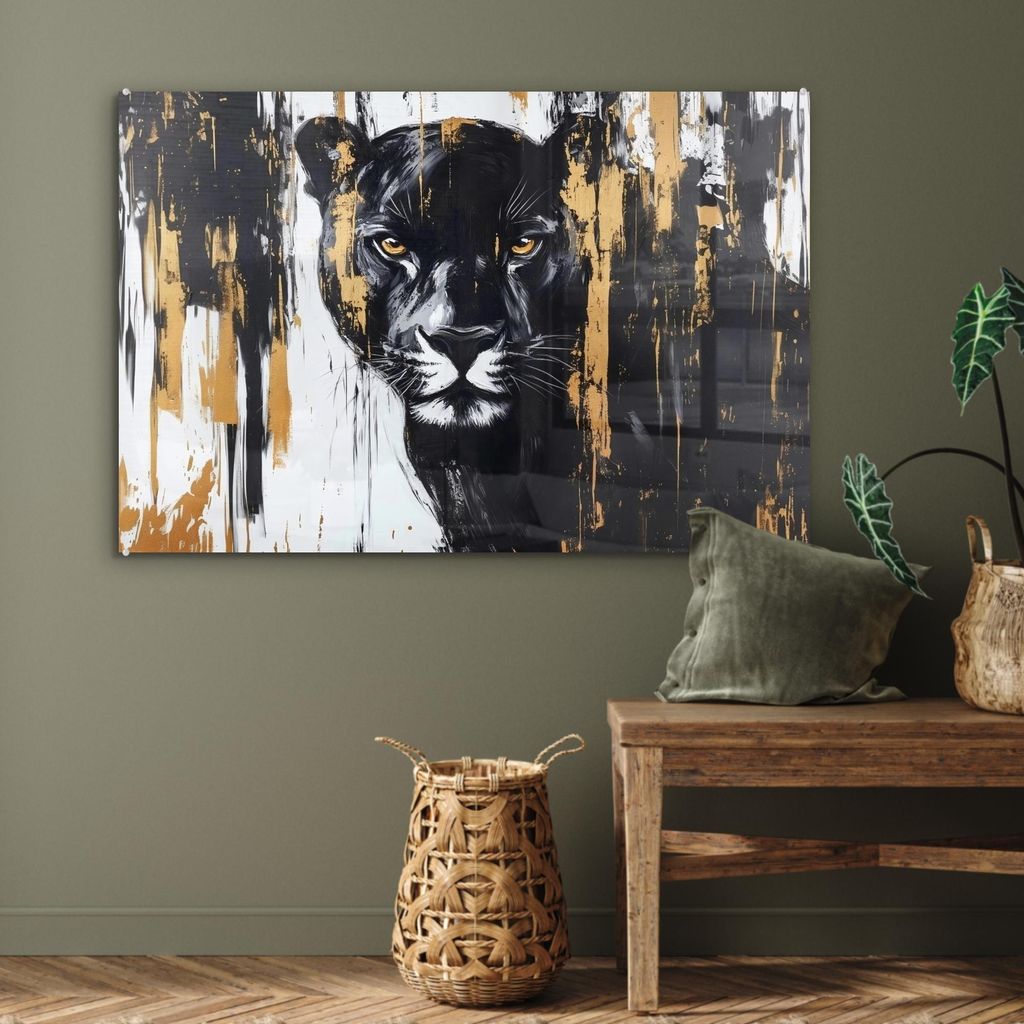 MuchoWow Glasbilder - Bilder auf Wandbild - Foto auf Glas Panther - Schwarz - Abstrakt - Pinselstriche 90x60 cm Wanddekoration aus Glas - Acrylglas...
