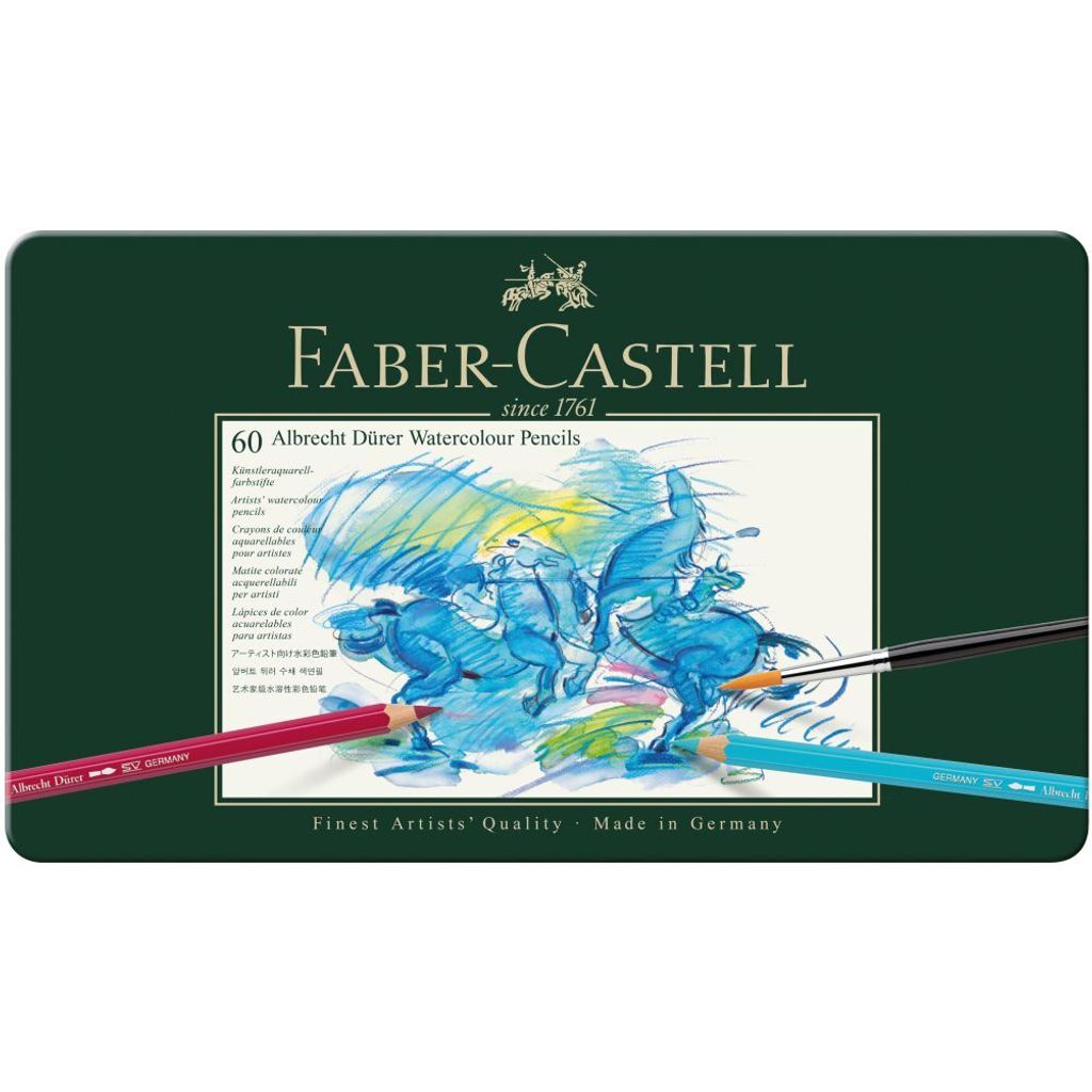 A metal tin of Faber-Castell Albrecht Dürer watercolour pencils, with three pencils and a paintbrush in the foreground.