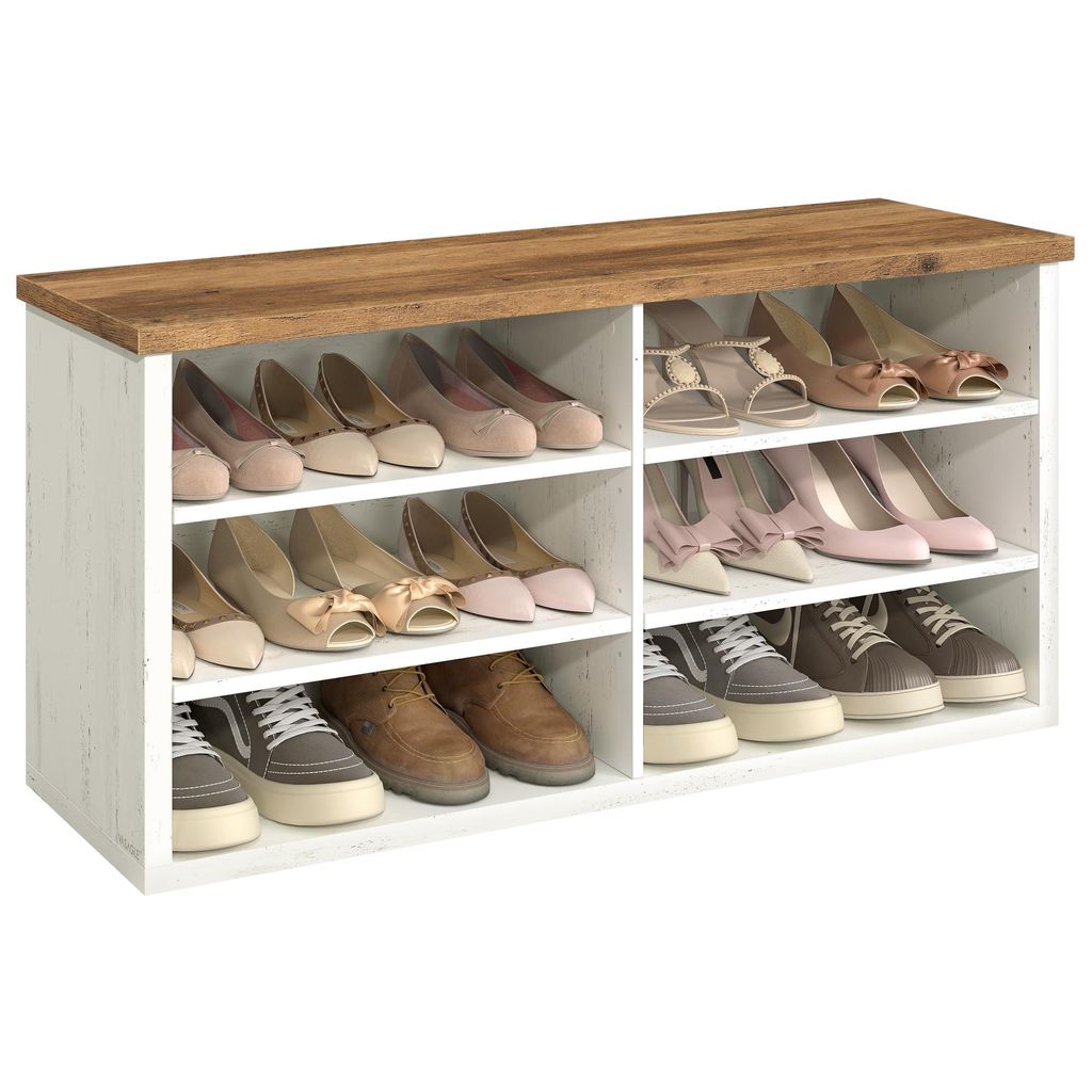 A multi-compartment shoe storage bench with a wooden top, displaying various shoes on its shelves.