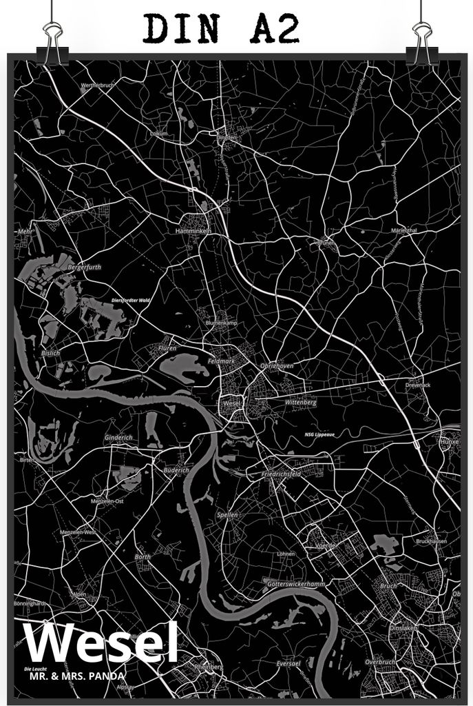 Mr. & Mrs. Panda Bild Wesel DIN A2 - Geschenk, drucke, wanddeko, Stadt, Wandbild, wandkunst, Plakat, Dorf Karte Landkarte Map Stadtplan