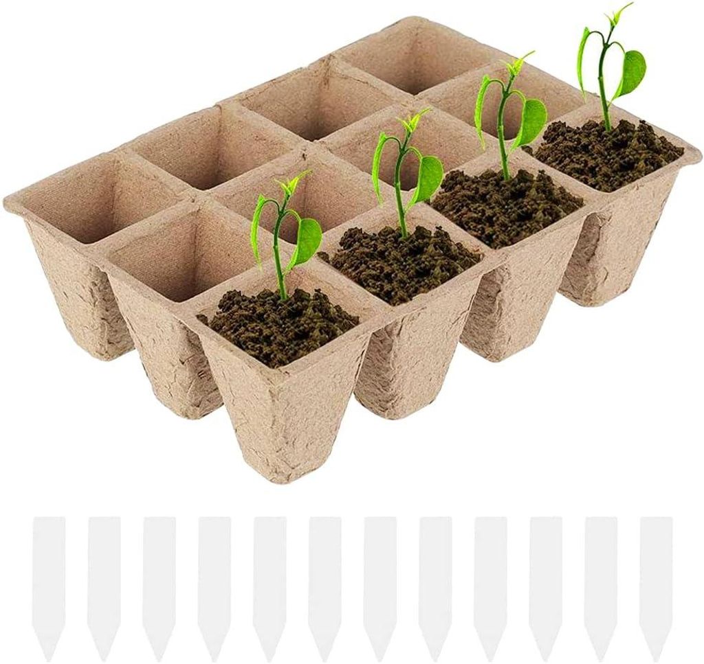 12 Stück biologisch abbaubare Töpfe, kleine Fasertöpfe mit Kunststoffetiketten, Pflanztopf-Set, Anzuchttöpfe, kompostierbar und biologisch abba...