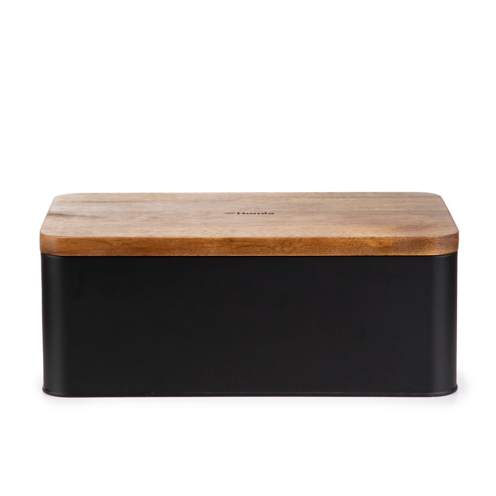 A black bread box with a wooden lid, shown from the front on a white background.