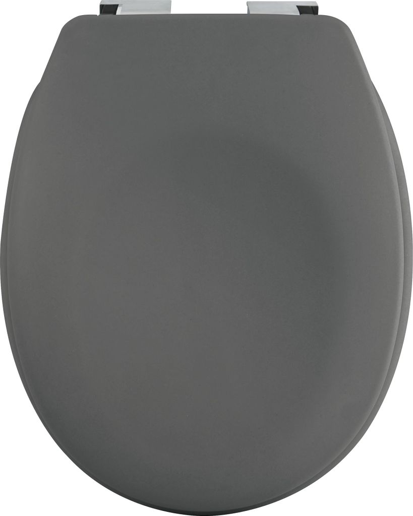 A top-down view of a closed toilet seat.