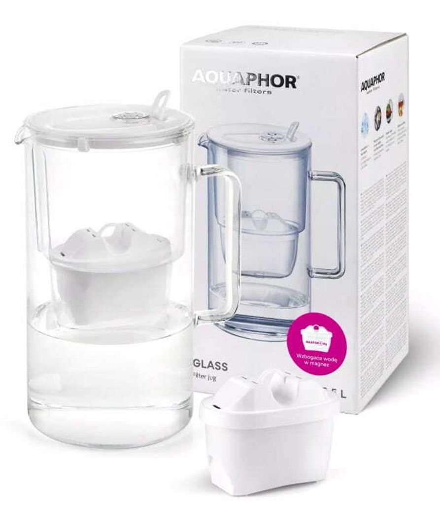 A product shot of an Aquaphor water filter pitcher and its packaging, set against a white background.