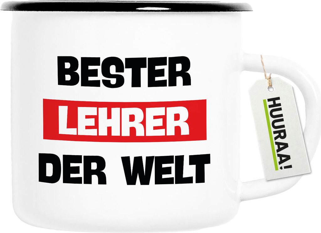 Huuraa Emaille Tasse Bester Lehrer der Welt 300ml Vintage Campingbecher Geschenkidee