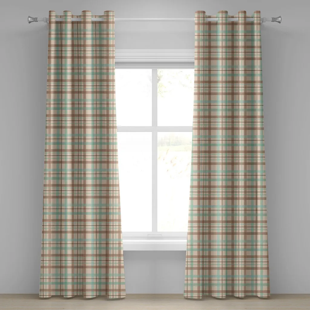 ABAKUHAUS Tenda con occhielli astratta, motivo tartan - moda scozzese, design tradizionale etnico popolare, tende decorative a 2 pannelli, 280 cm x 225 cm, verde menta e beige umbra