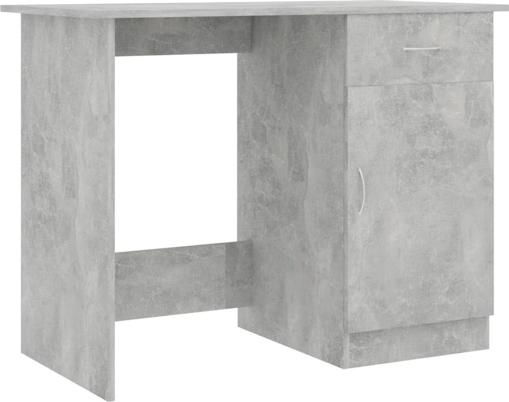 A concrete grey desk with a drawer and a cabinet.