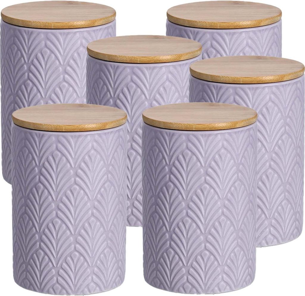 6 Stück Vorratsdose Keramik mit Bambusdeckel, flieder - 720ml, Ø 10cm