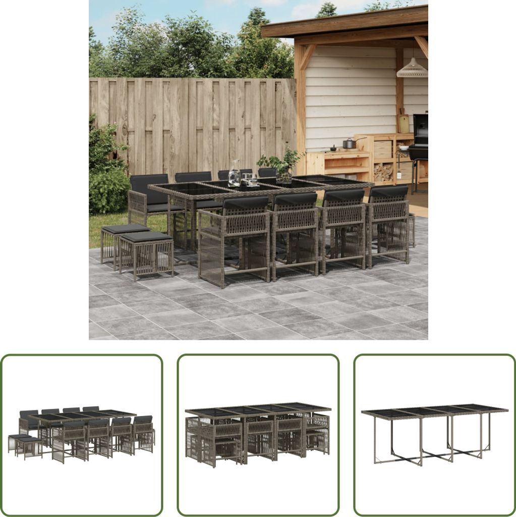 The Living Store 13-tlg. Garten-Essgruppe mit Kissen Grau Poly Rattan