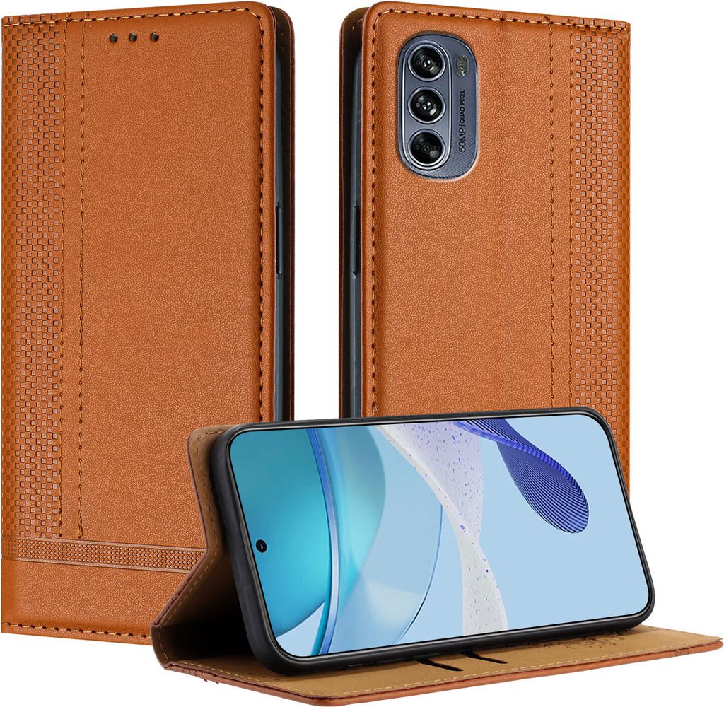 Handyhülle für Motorola Moto G62 5G Leder Flip Klappbare Schutzhülle mit Standfunktion Braun