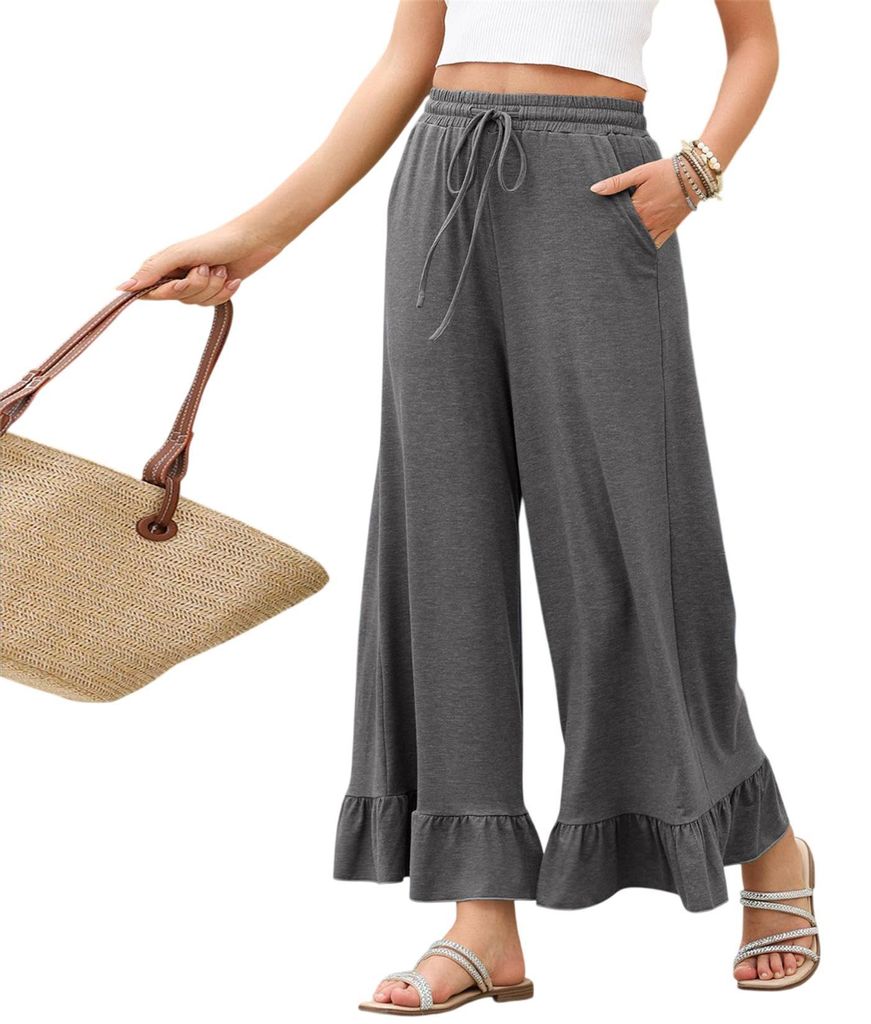 ASKSA Damen Sommerhose Laenge Weites Bein Sommer Hose mit Rueschensaum Solid Color Casual Pants High Waist Casual (Grau,XXL)