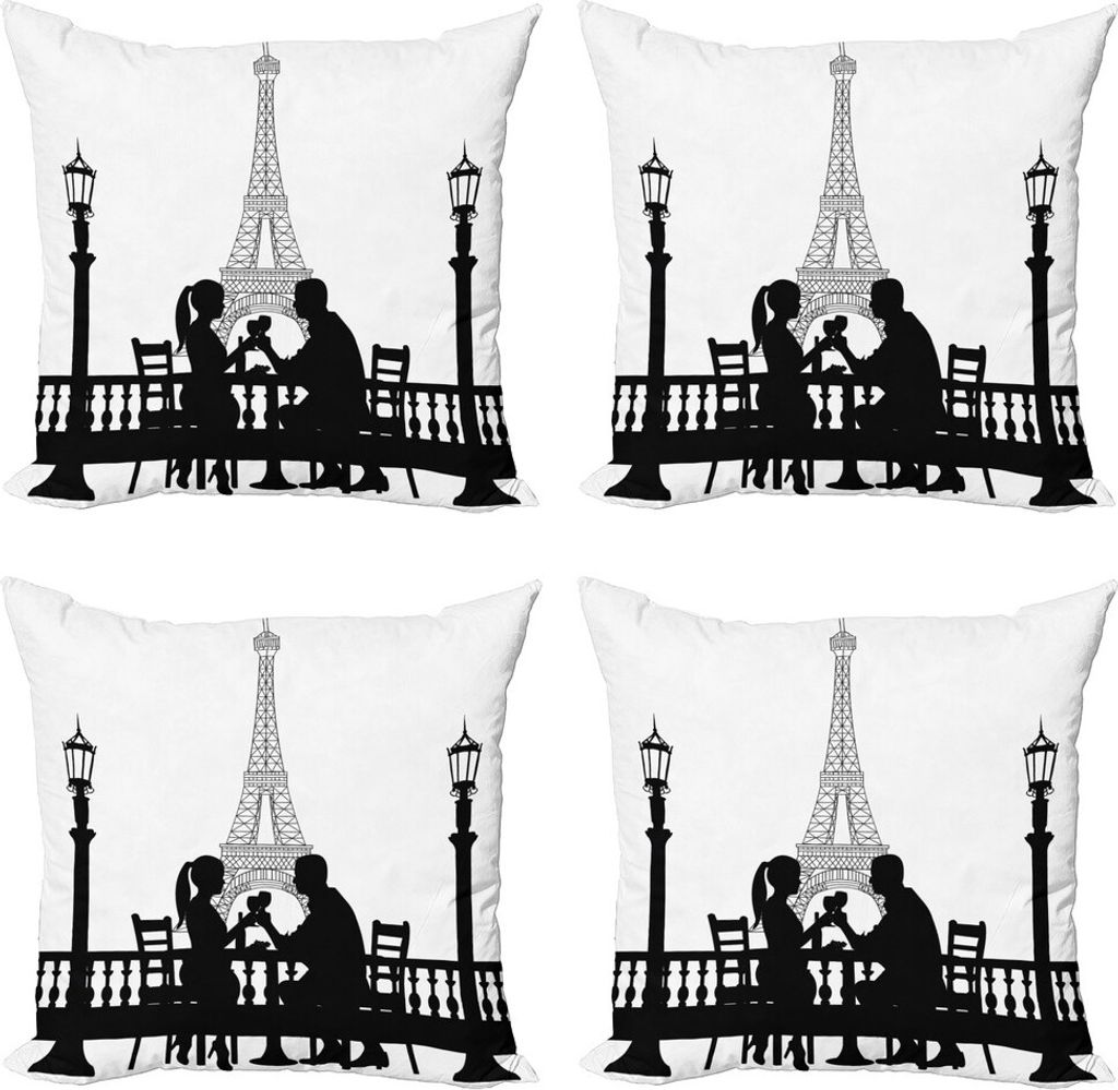 ABAKUHAUS Romantisch Kissenbezug Set (4 Stück), Paar in Paris Dinner, Moderner Doppelseitiger Digitaldruck, 45 cm x 45 cm, Schwarz-Weiss