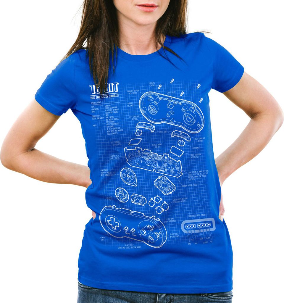 style3 SNES Controller Blaupause Damen T-Shirt 16-Bit Videospiel, Farbe:Blau, Größe:XL