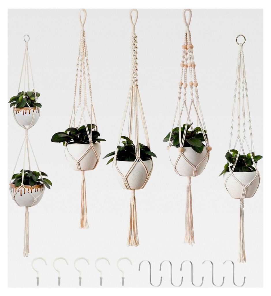 5er Set Makramee Blumenampel, Boho Deko aus Baumwollseil für Innen- und Außenbereich