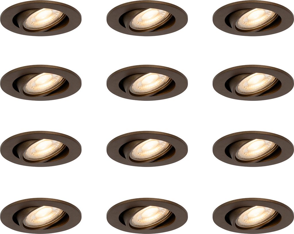 QAZQA - Modern Set mit 12 modernen, schwenkbaren Einbaustrahlern Dunkelbronze - Cisco I Wohnzimmer I Schlafzimmer - Aluminium Rund - LED geeignet GU10