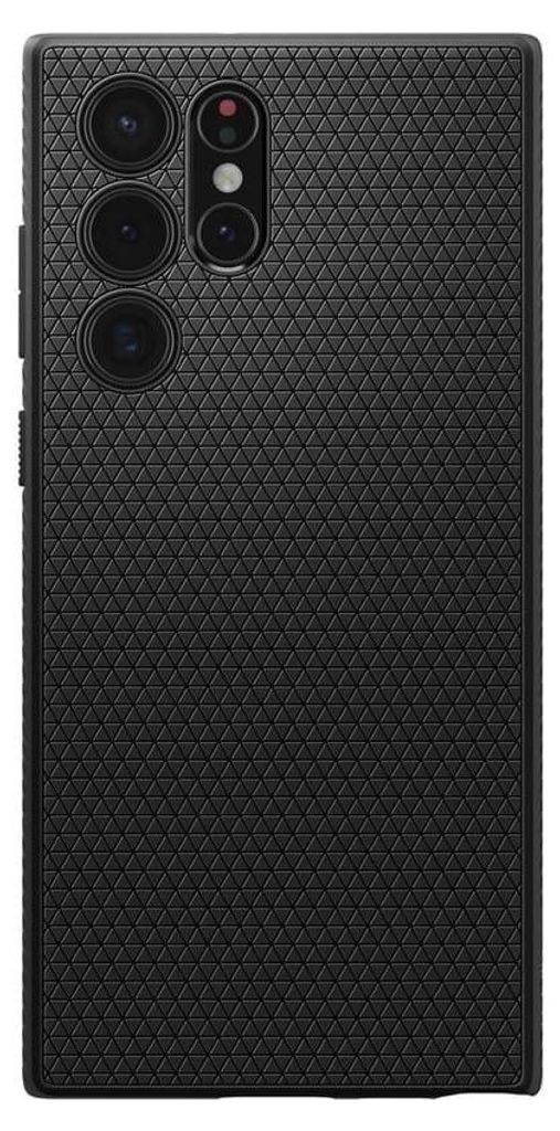The back of a black smartphone case with a textured pattern.