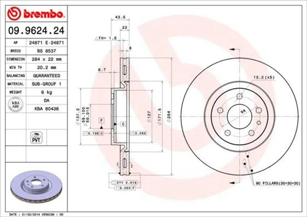 Disque de Frein Avant pour Fiat Doblo et Alfa 164 - Brembo 09.9624.24