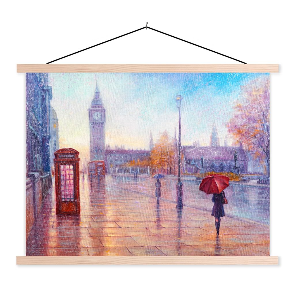 MuchoWow Textilposter Malerei - Ölgemälde - London - Telefon 40x30 cm mit holzfarbenen Rahmen - Bilder