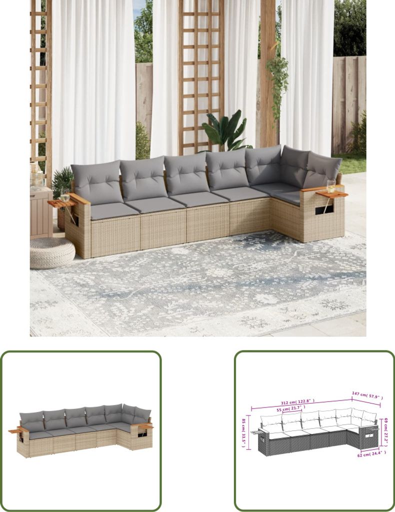 The Living Store 6-tlg. Garten-Sofagarnitur mit Kissen Beige Poly Rattan