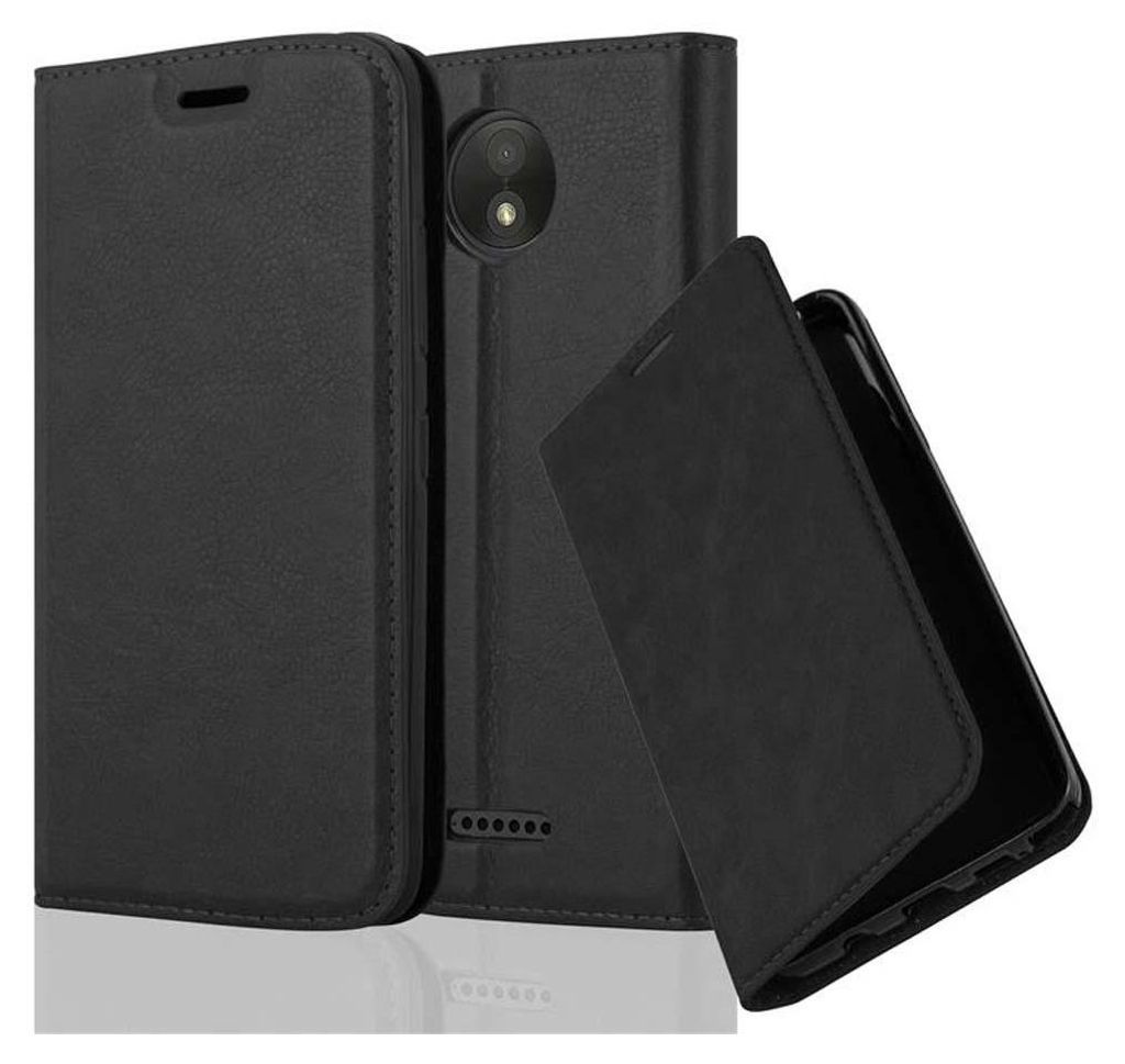 A black flip-style phone case for a Motorola MOTO C PLUS is shown, with the case open and a portion of the phone visible.