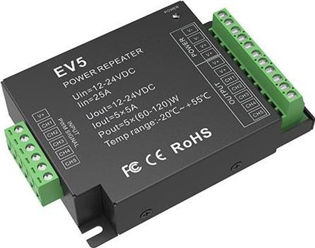 EV5 – 5-Kanal 5A Konstantspannungs-Power-Repeater, 12–24V DC, PWM-Signalverstärker für LED-Streifen
