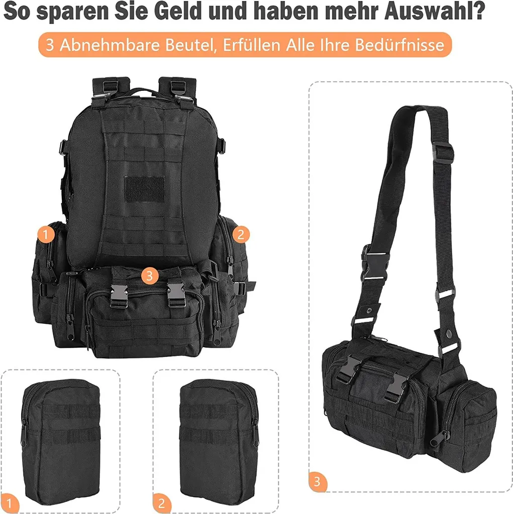 Sac tactique étanche 55L grand volume avec compartiments pour le trekking