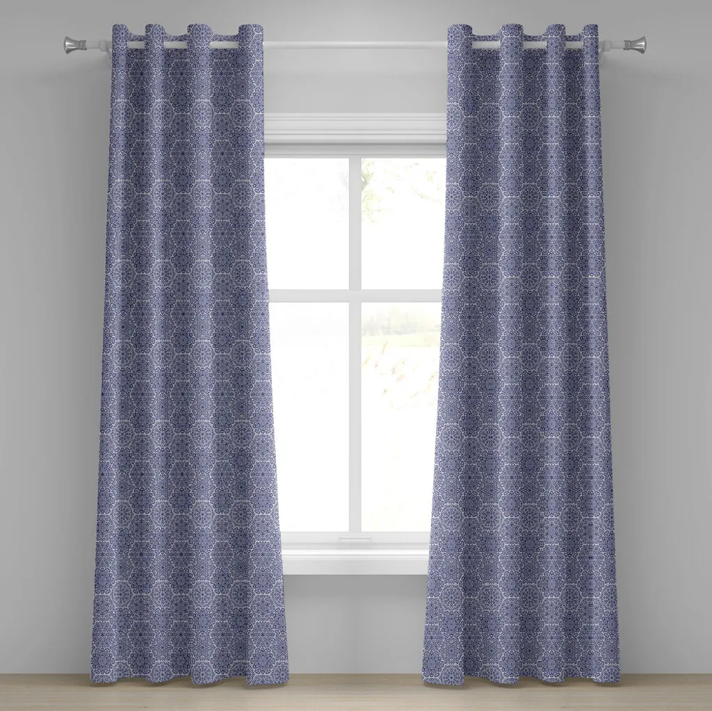 ABAKUHAUS Tenda con occhielli indaco, motivo mandala Little Blooms con cuori, stampa in stile etnico russo, tende decorative a 2 pannelli, 280 cm x 175 cm, indaco e bianco