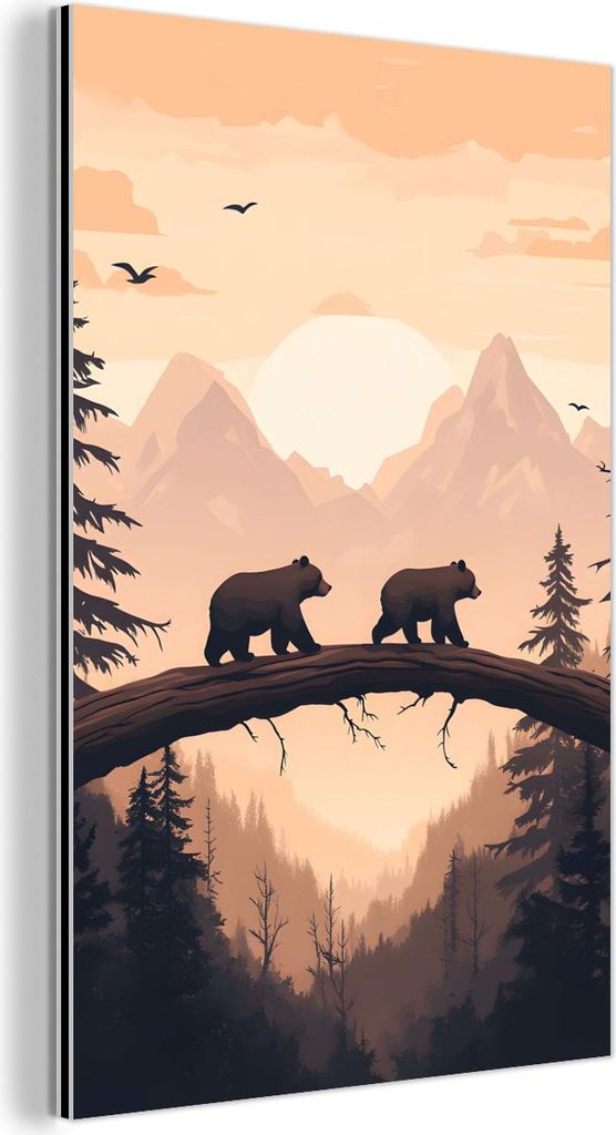 MuchoWow Wanddekoration Metall Metallbild Wandkunst 80x120 cm Bären - Bäume - Landschaft - Sonnenuntergang MuchoWow Aluminium Gemälde - Bilder