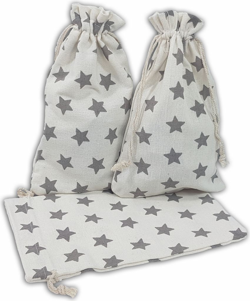 12 Geschenksäckchen weiß, graue Sterne 20 x 12 cm Baumwolle Adventskalender Säckchen Stoffbeutel zum Basteln und befüllen Gastgeschenk Hochzeit