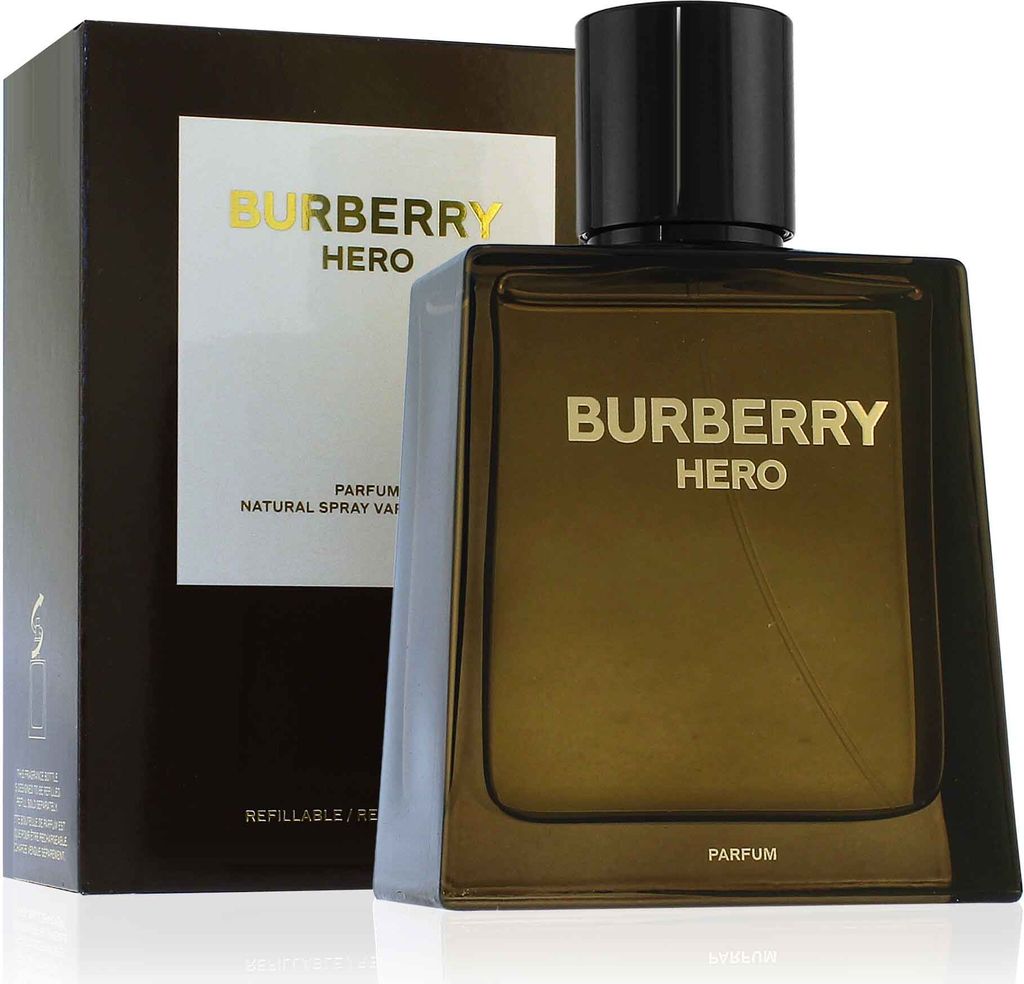 A product shot of Burberry Hero Parfum for men, with its packaging in the background.