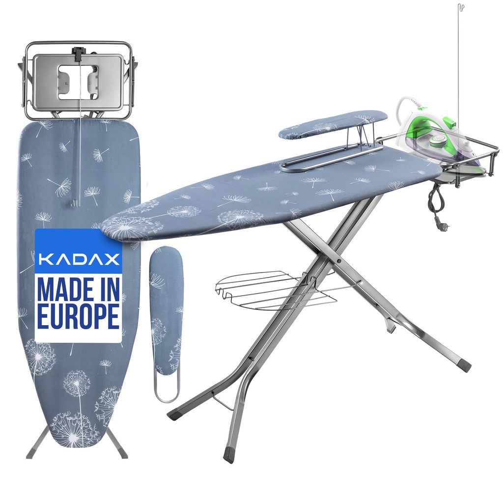 A KADAX ironing board set with an iron and an extra cover, displayed against a white background.