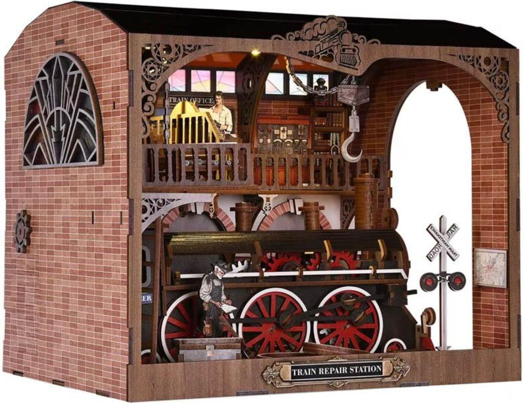 Habarri | DIY Book Nook - Der Zug - Puzzle 3D - Miniatur Haus Kit mit Möbeln und LED-Licht - Buch Ecke Kit