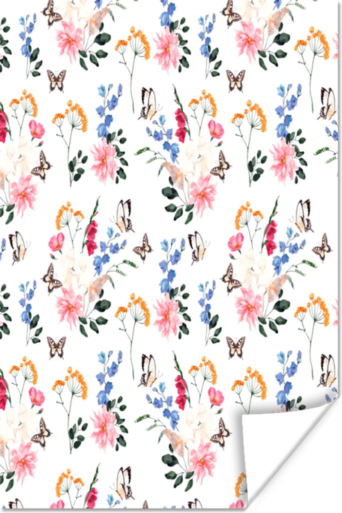 MuchoWow Poster Blumen - Schmetterlinge - Collage 20x30 cm - Papierdruck