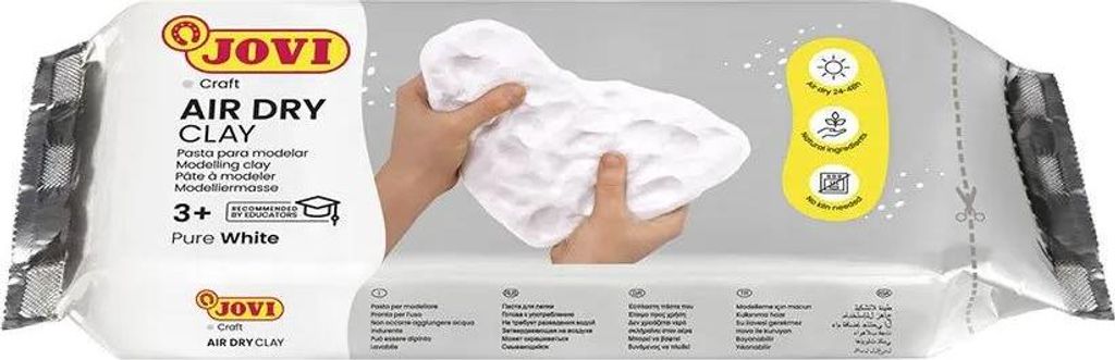 A package of white air-dry modeling clay, with hands holding some of the clay.