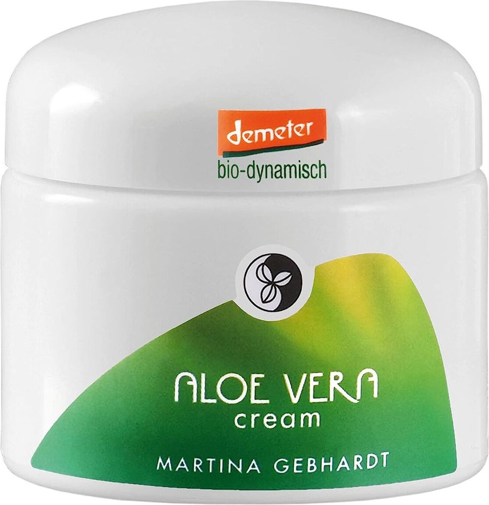A white jar of MARTINA GEBHARDT ALOE VERA cream with green and yellow accents on the label.