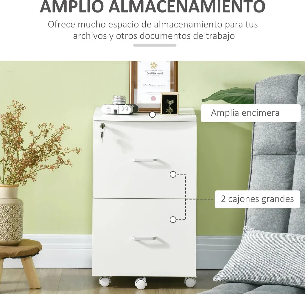 Caisson de bureau blanc 2 tiroirs avec serrure et cadre en bois chic
