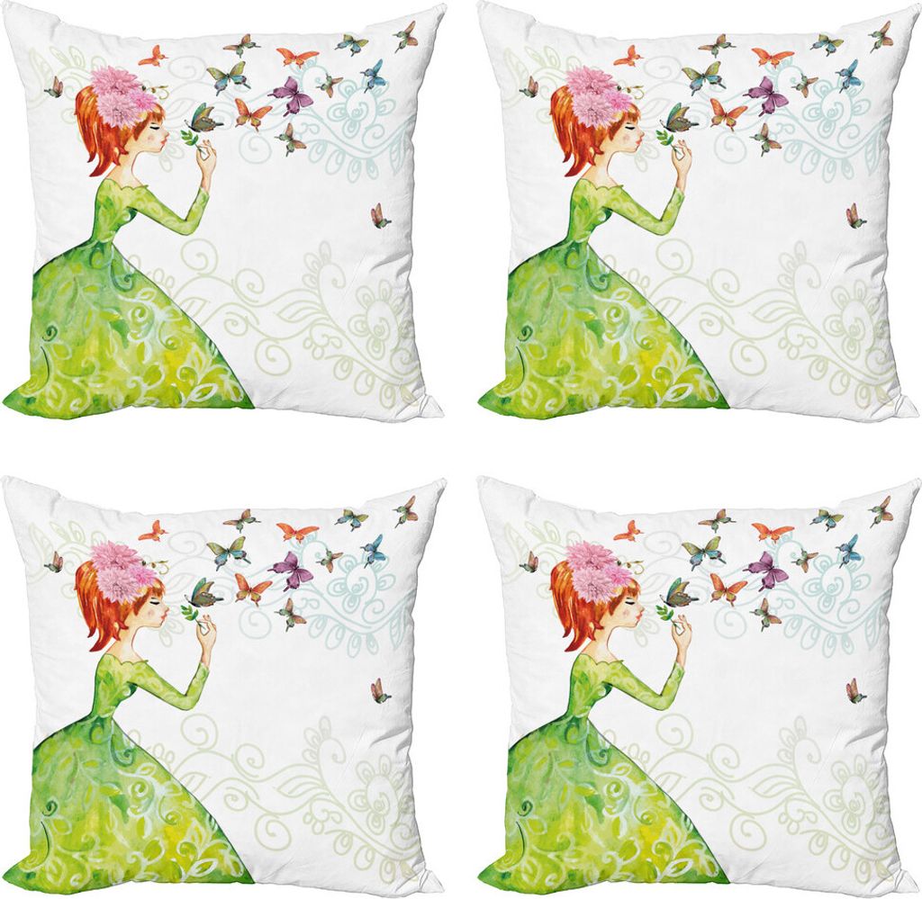 ABAKUHAUS Schmetterling Kissenbezug Set (4 Stück), Cartoon Lady Pastell, Moderner Doppelseitiger Digitaldruck, 50 cm x 50 cm, Rosa-orange Grün