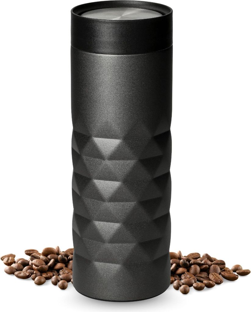 Thermobecher 450 ml - auslaufsicherer Edelstahl to go Becher mit 360 Grad Deckel - hält mehrere Stunden heiß - grau