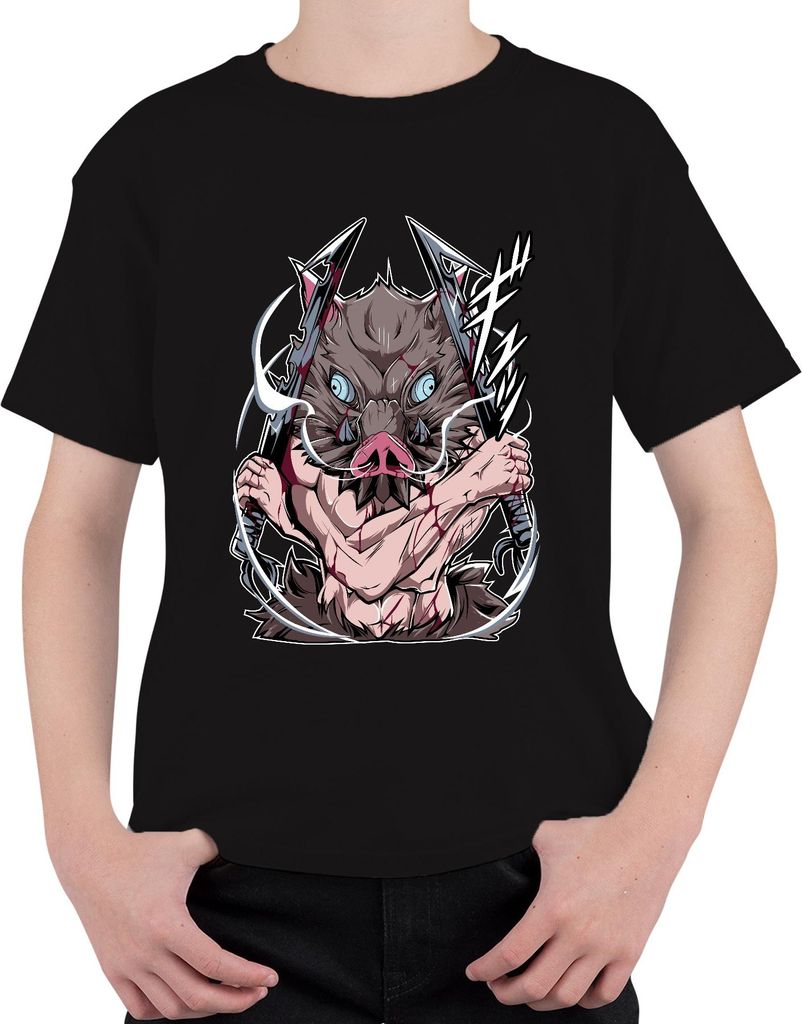 Anime Wildschwein Dämonenjäger Zweiklingen Manga Cosplay Uni Kinder T-Shirt, Schwarz, 128