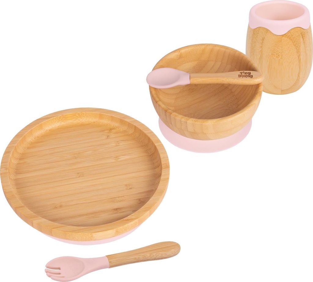 Tiny Dining 5-teiliges rundes Baby-Entwöhnungsset aus Bambus – Pastellrosa