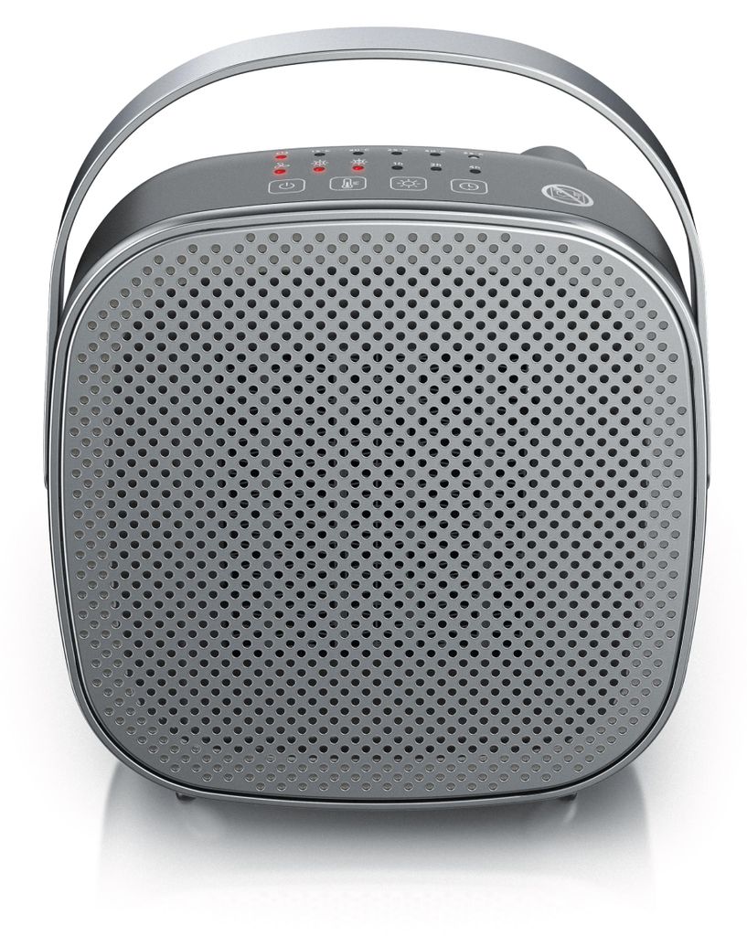 A gray ceramic heater with a silver handle is shown against a white background.