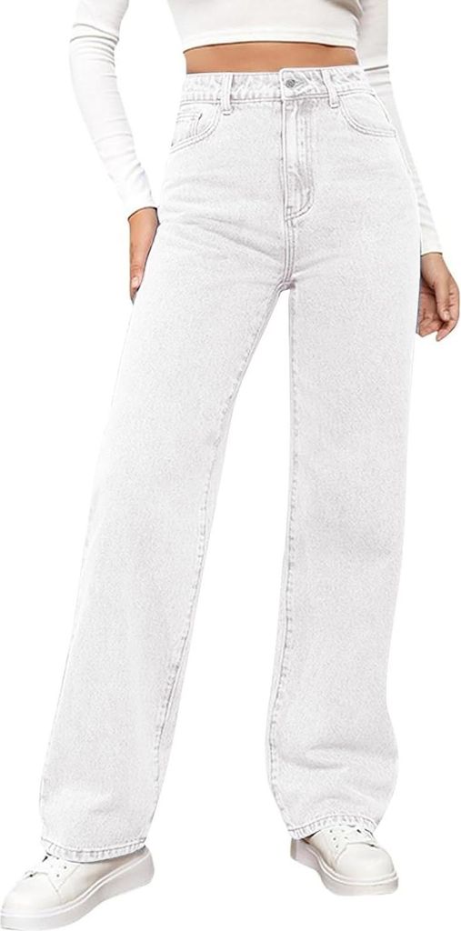 ASKSA Damen Hose Jeanshose Sommerhose Loose Fit Stretch High Waist Leichte Cargohosen Boyfriend Denim mit Tasche (Weiss,4XL)