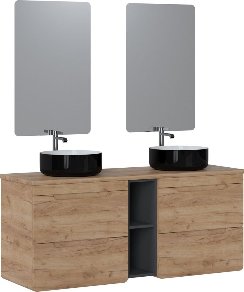 Badmöbel Set 7-tlg Badezimmerset FERMO 140cm Gold Eiche inkl. 2 x Waschtisch