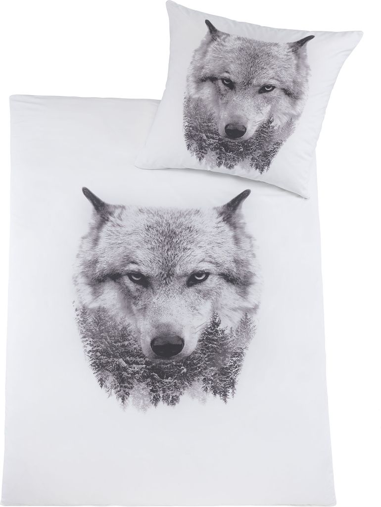 2-tlg. Bettwäsche, 135 x 200 + 80x80cm, weiß, Motiv: Wolf, fotorealistischer Druck, Microfaser