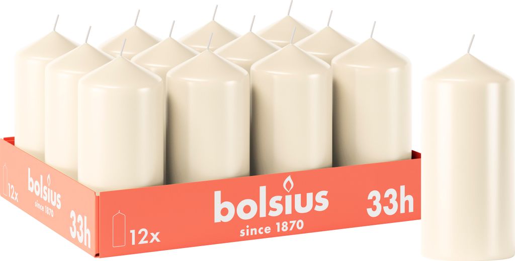 Bolsius 12er Set glatte StumpenKerzen, 12cm, Elfenbein Produktbild 