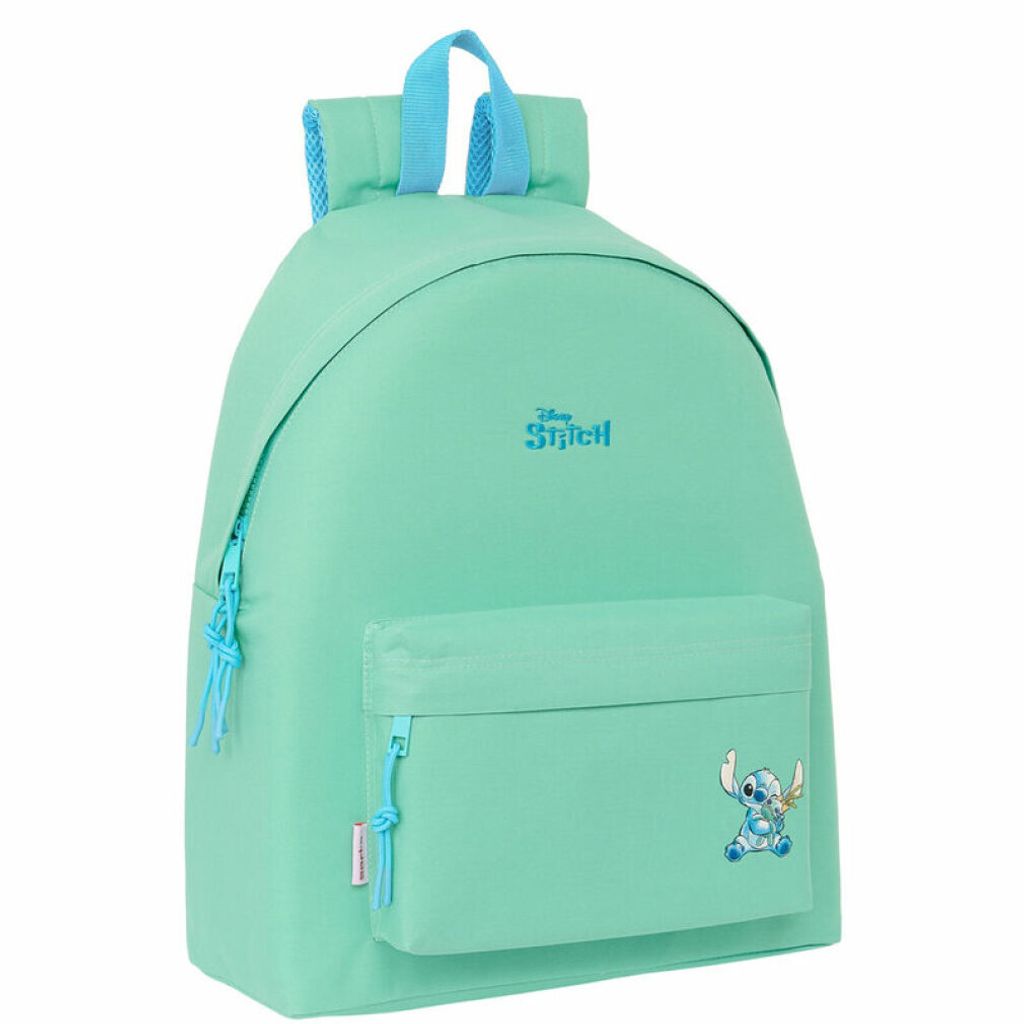 A mint green backpack with blue accents and a Stitch graphic.