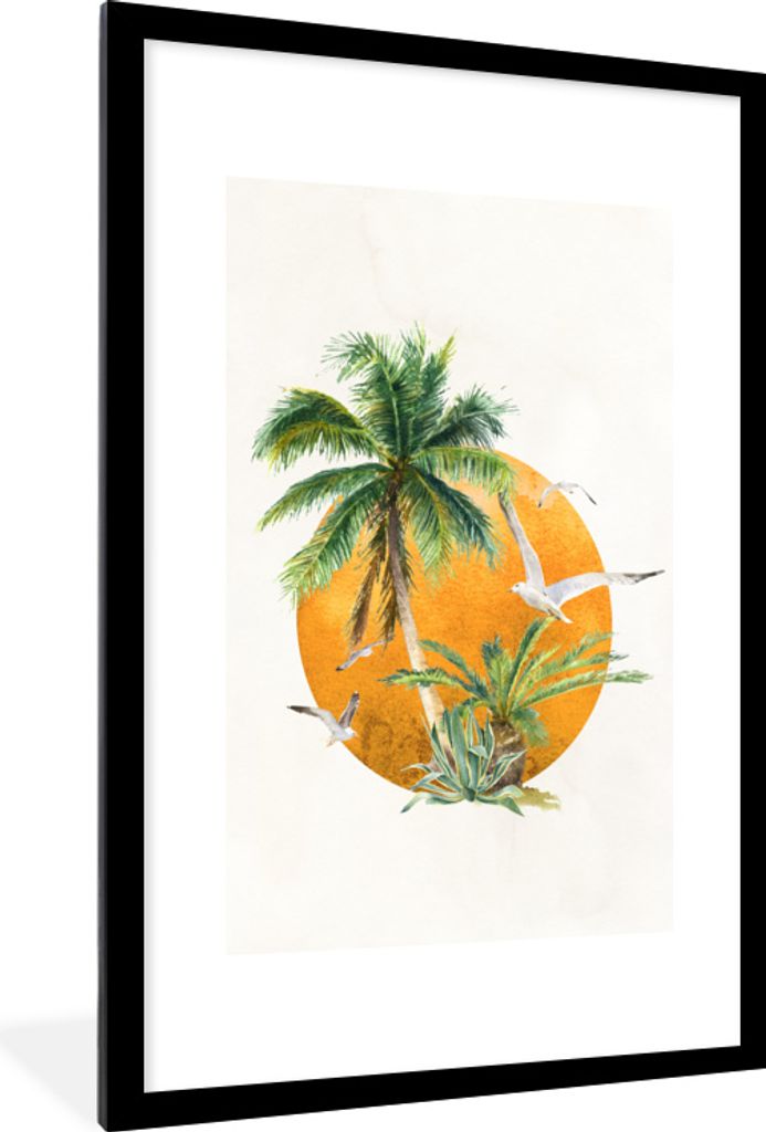 MuchoWow MuchoWow Gerahmtes Poster Sonne - Vogel - Palme 60x90 cm - Poster mit zchwarzem Bilderrahmen - Dekoration - Wandposter Wohnzimmer - Ho...