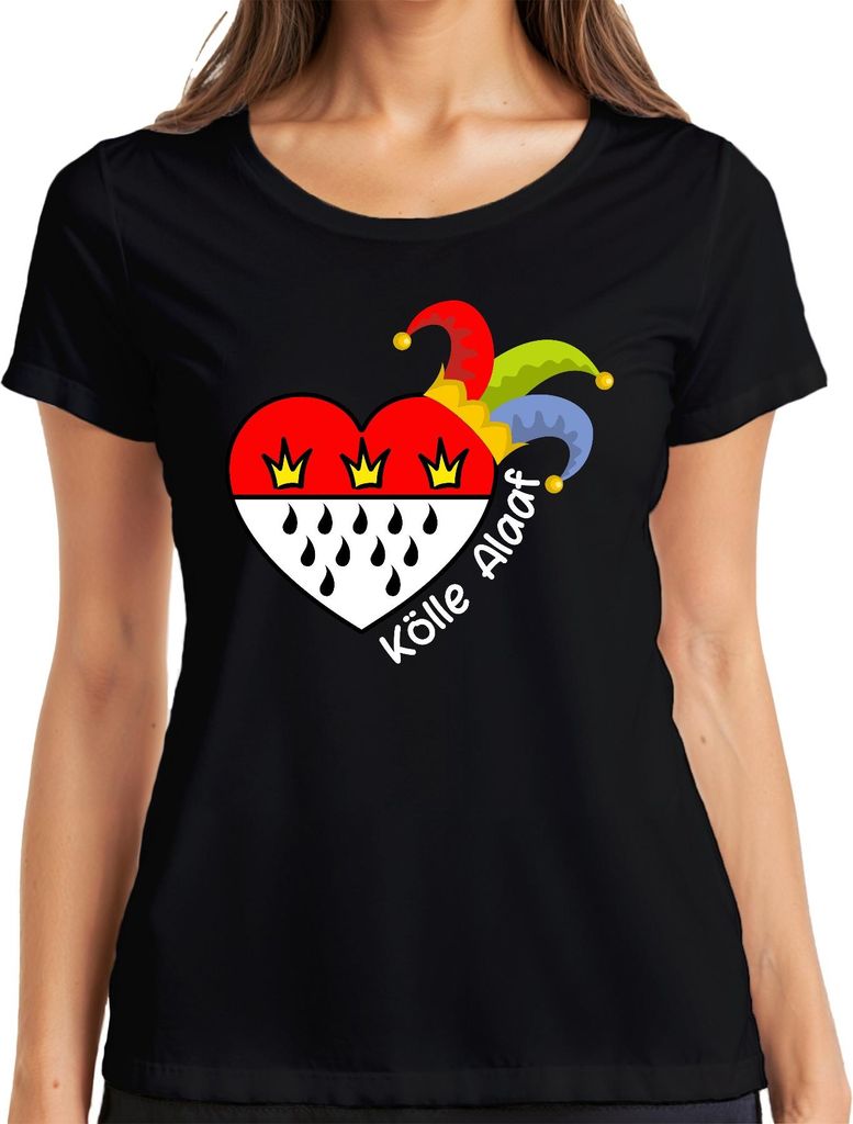 Kölle Alaaf Karneval Köln Herz Narrenkappe Jeck Geschenk Damen T-Shirt, Schwarz, S