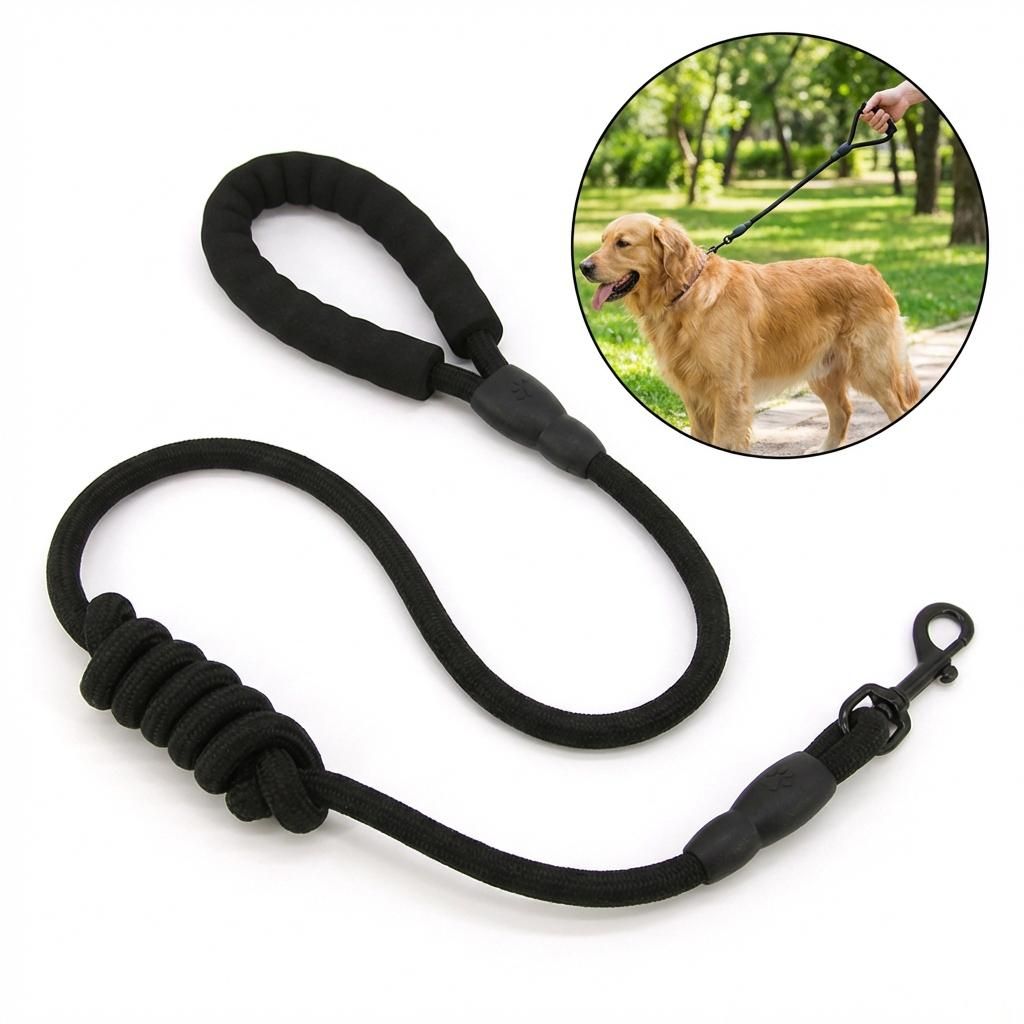 Hundeleine 1,2m, robuste Rundleine mit gepolstertem Soft-Griff, Schwarz