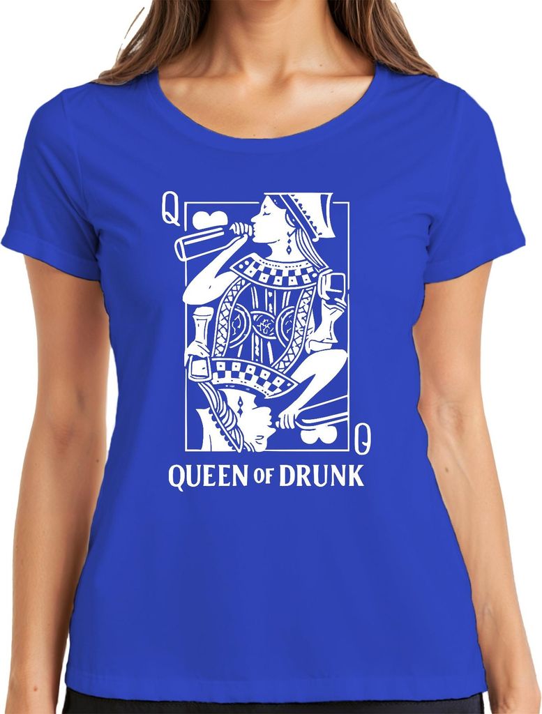 Queen of Drunk Saufkönigin Weinliebhaberin Spielkarte Cocktail Damen T-Shirt, Blau, XXL
